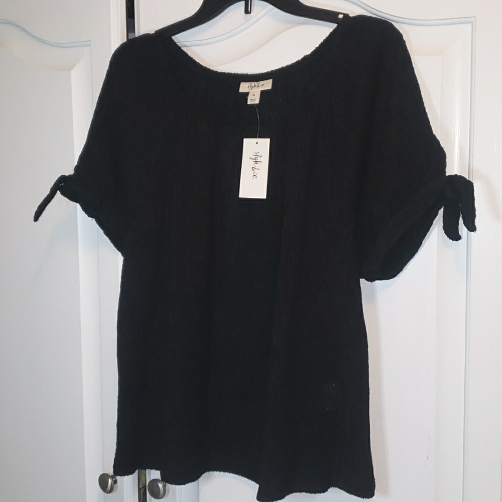 Style & Co black short sleeved with tie top